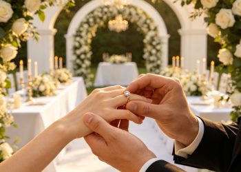 新郎在户外婚礼上为新娘戴上婚戒，象征跨国婚姻登记与结婚文件在中澳两地使用时需要依法确认婚姻效力。