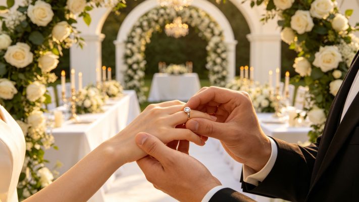 新郎在户外婚礼上为新娘戴上婚戒，象征跨国婚姻登记与结婚文件在中澳两地使用时需要依法确认婚姻效力。