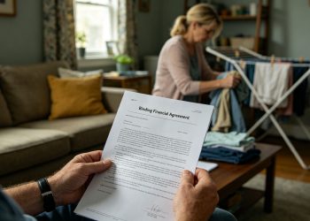 澳洲离婚中家庭主妇与财务协议场景，一方阅读财务协议（Binding Financial Agreement），另一方在家务劳动，体现家务贡献、财产分割与配偶赡养费问题。