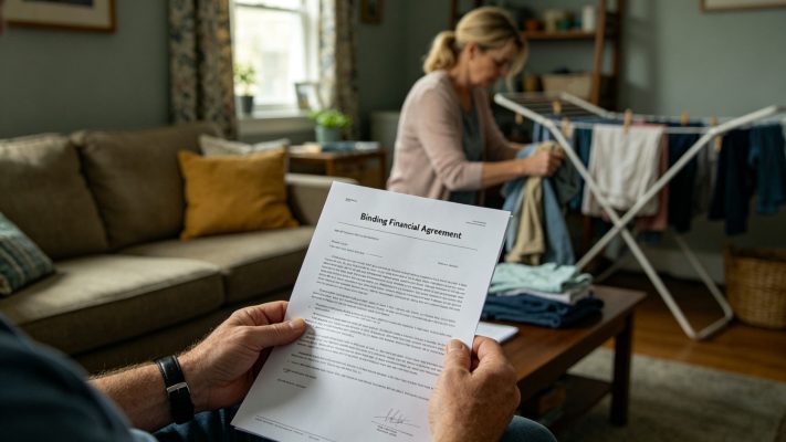 澳洲离婚中家庭主妇与财务协议场景，一方阅读财务协议（Binding Financial Agreement），另一方在家务劳动，体现家务贡献、财产分割与配偶赡养费问题。