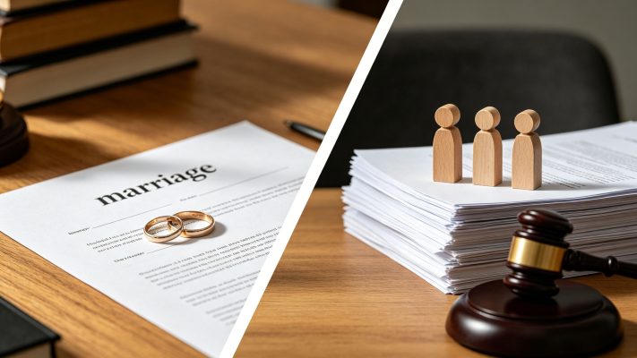 澳洲婚姻与事实婚姻法律对比，左侧为结婚文件和戒指，右侧为家庭法文件、人物模型和法槌，体现同居关系、财产分割和分手后的法律处理差异。