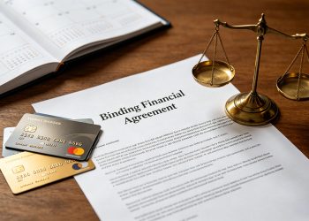 澳洲离婚中的财产协议与法律文件，展示财务协议（Binding Financial Agreement）、银行卡与天平，象征离婚财产分割、债务责任与法律公平原则。