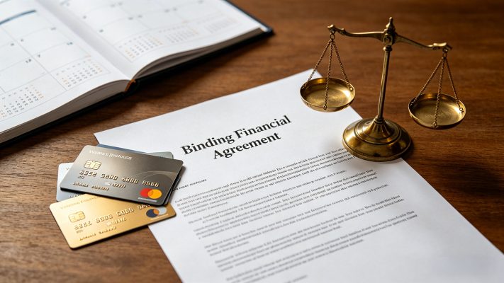 澳洲离婚中的财产协议与法律文件，展示财务协议（Binding Financial Agreement）、银行卡与天平，象征离婚财产分割、债务责任与法律公平原则。
